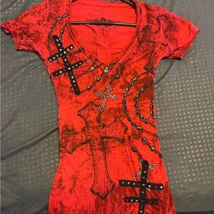 Affliction Red Cross Studded Women's Tee